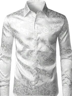 Men's White Satin Jacquard Dress Shirt